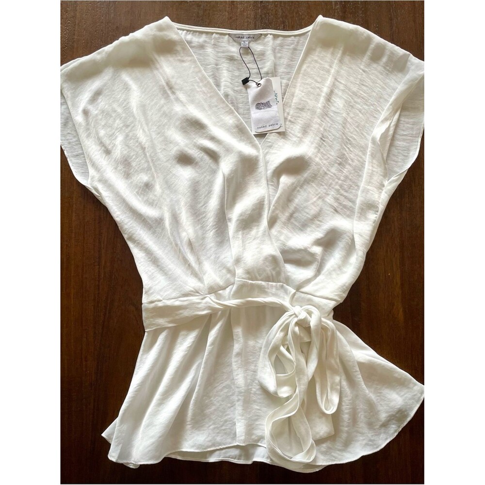 NWT - Naked Zebra Ivory Wrap Tie V-Neck Peplum Blouse – Size Large